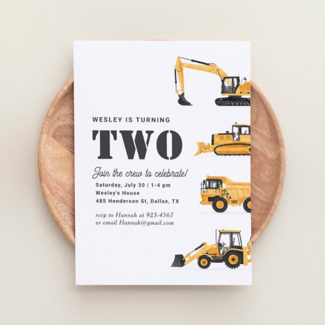 Construction Vehicles 2nd Birthday Party Invitation (Creator Uploaded)