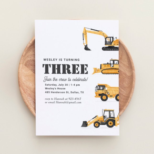 Construction Vehicles 3rd Birthday Party Invitation (Creator Uploaded)