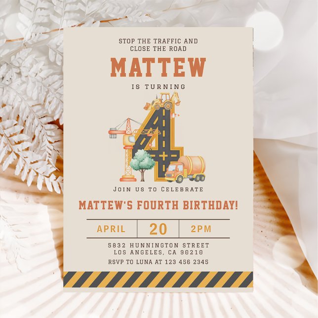 Construction Vehicles 4th Birthday Invitation (Creator Uploaded)