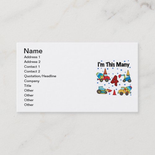 Construction Vehicles 4th Birthday T_shirts Business Card