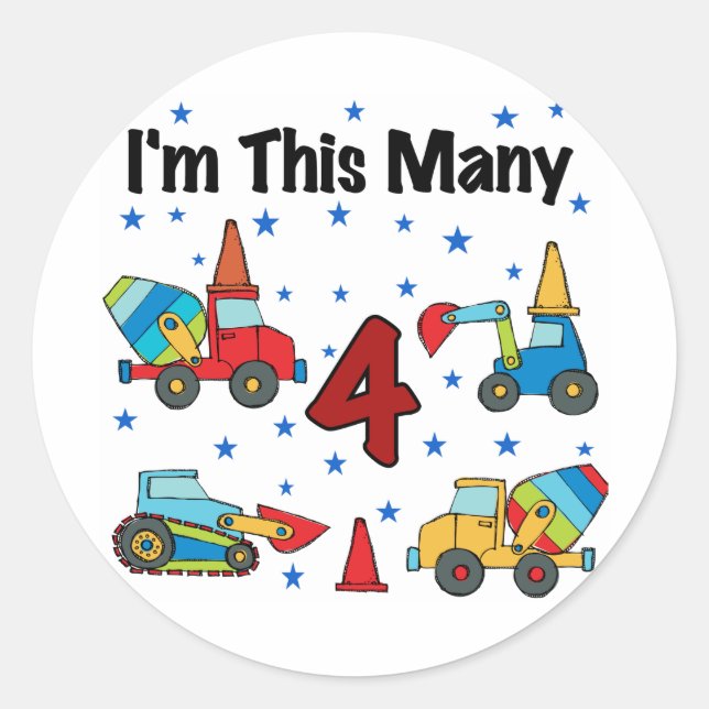 Construction Vehicles 4th Birthday T-shirts Classic Round Sticker (Front)