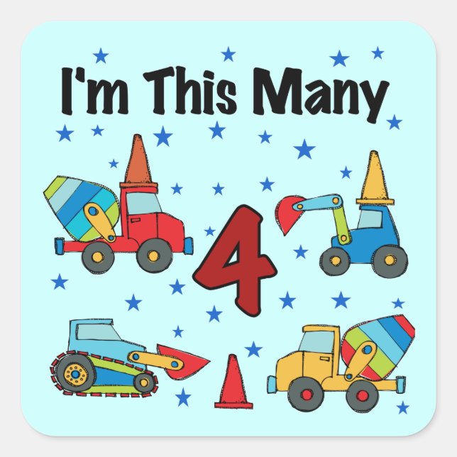 Construction Vehicles 4th Birthday T-shirts Square Sticker (Front)