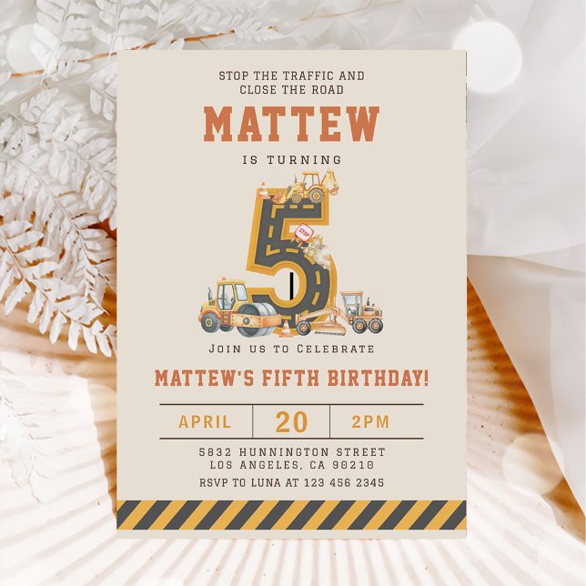 Construction Vehicles 5th Birthday Invitation (Creator Uploaded)