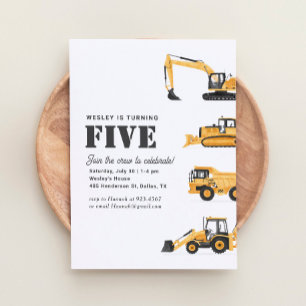 Construction Vehicles 5th Birthday Party Invitation