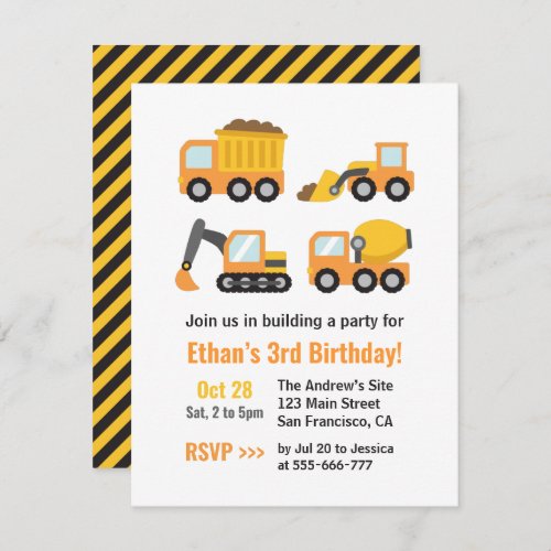 Construction Vehicles and Trucks Boys Birthday Invitation