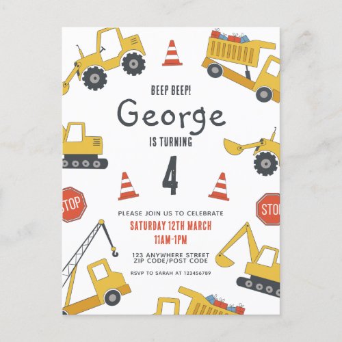 Construction Vehicles Birthday Party Invitation Postcard