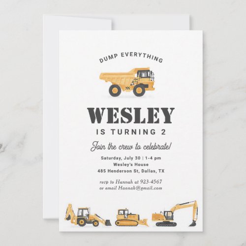 Construction Vehicles Boy 2nd Birthday Invitation