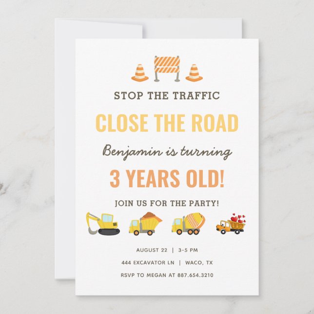 Construction Vehicles Boy Birthday Party Invitation (Front)