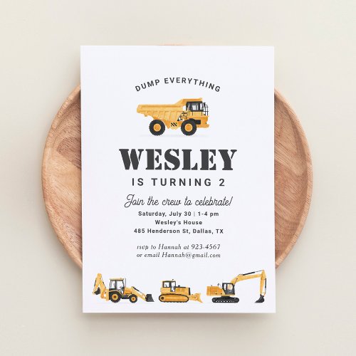 Construction Vehicles Boy Birthday Party Invitation