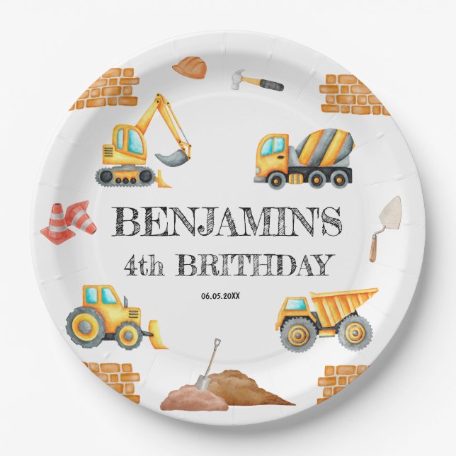 Construction Vehicles Boy Birthday Party Paper Plates (Front)