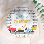 Construction Vehicles Boy Birthday Party Paper Plates<br><div class="desc">Add some fun to your birthday party with these paper plates! Made to match our Construction Vehicles Boy Birthday Party collection, this design features three construction vehicles: a tractor, a digger, and a cement truck along the bottom of the plate. Click on "Personalize this template" and fill in the boxes...</div>