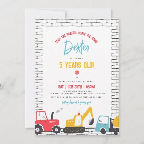 Construction Vehicles Boy Birthday Red Blue Invitation