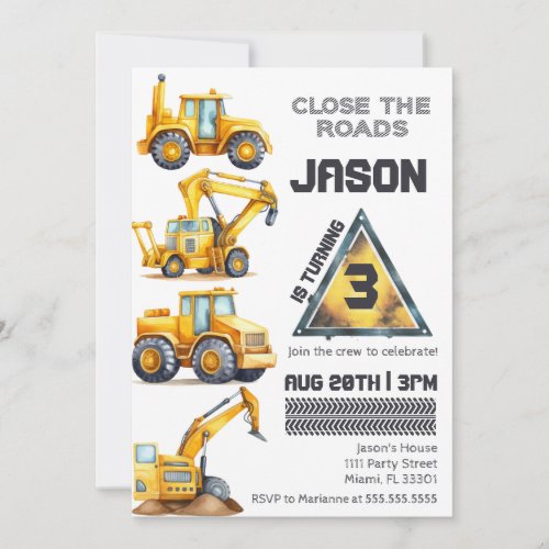 Construction Vehicles Boy Dump Truck Birthday Invitation