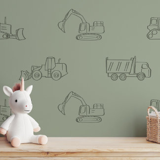 Construction Vehicles Builder Boy Truck Sage Green Wallpaper