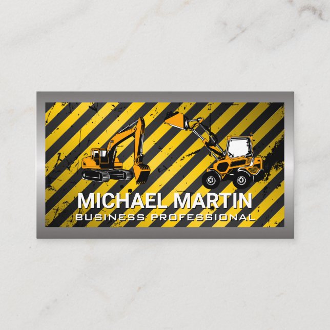Construction Vehicles | Caution | Metal Industrial Business Card (Front)