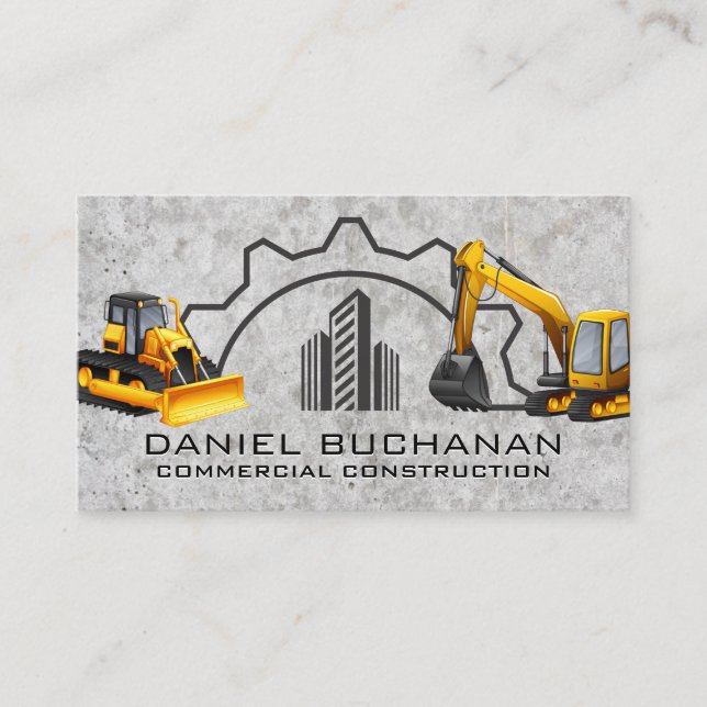 Construction Vehicles | Concrete Background Business Card (Front)