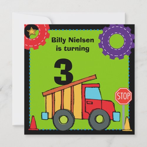 Construction Vehicles Dump Truck Birthday Invites