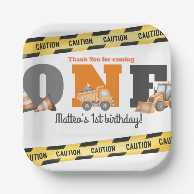 Construction Vehicles First Birthday Dump Truck Paper Plates (Front)