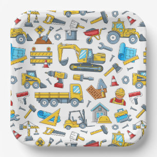 Construction Vehicles Paper Plates, Kids Birthday Plates