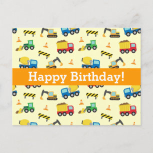 Construction Vehicles Pattern, Happy Birthday Postcard