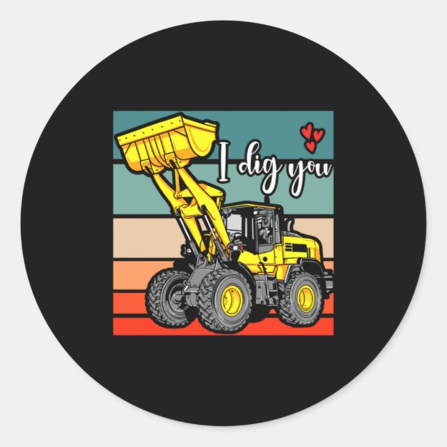 Construction Vehicles Valentines Hearts Excavator  Classic Round Sticker (Front)