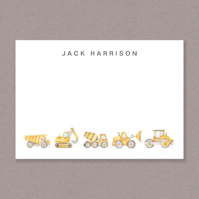 Construction Vehicles Watercolor Boys Monogrammed Note Card (Construction Vehicles Watercolor Boys Monogrammed Note Card)