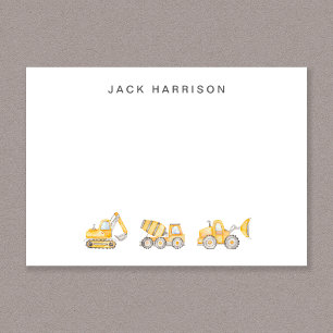 Construction Vehicles Watercolor Boys Monogrammed Note Card
