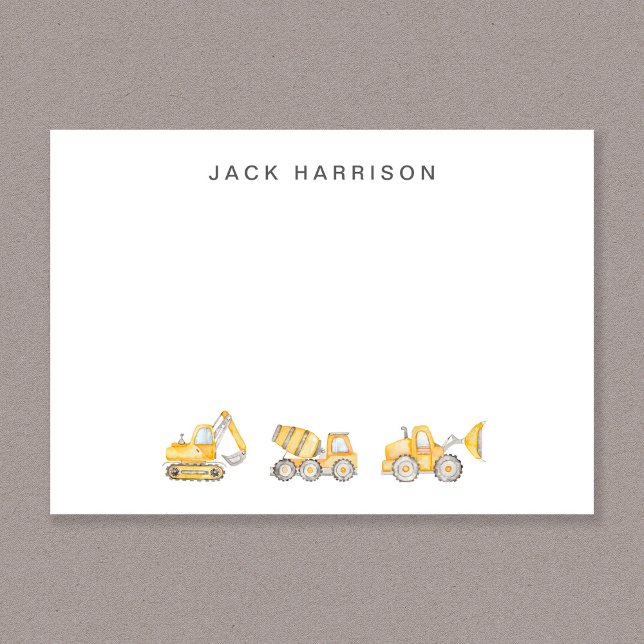 Construction Vehicles Watercolor Boys Monogrammed Note Card (Construction Vehicles Watercolor Boys Monogrammed Note Card)