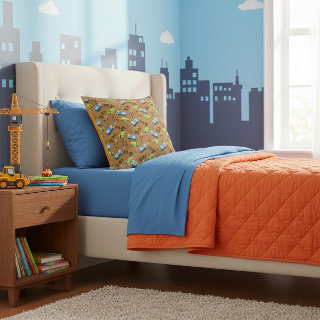 Construction Vehicles & Workers Pattern Throw Pill Pillow (Creator Uploaded)