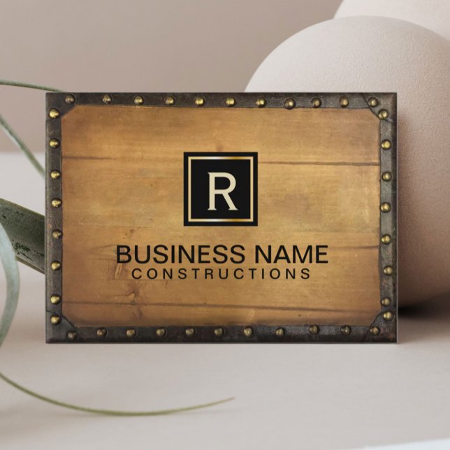 Construction Vintage Leather Wood Monogram Business Card (Creator Uploaded)