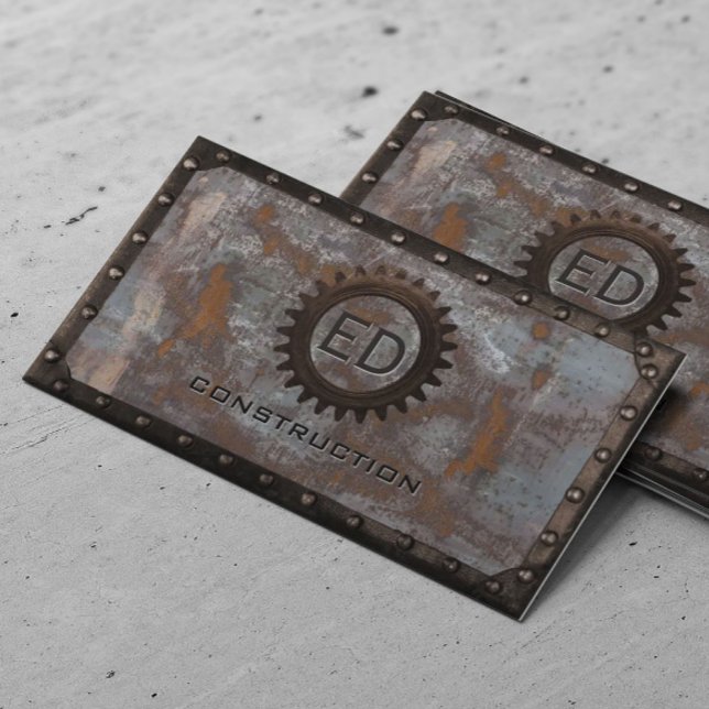 Construction Vintage Monogram Rusty Grunge Metal Business Card (Creator Uploaded)