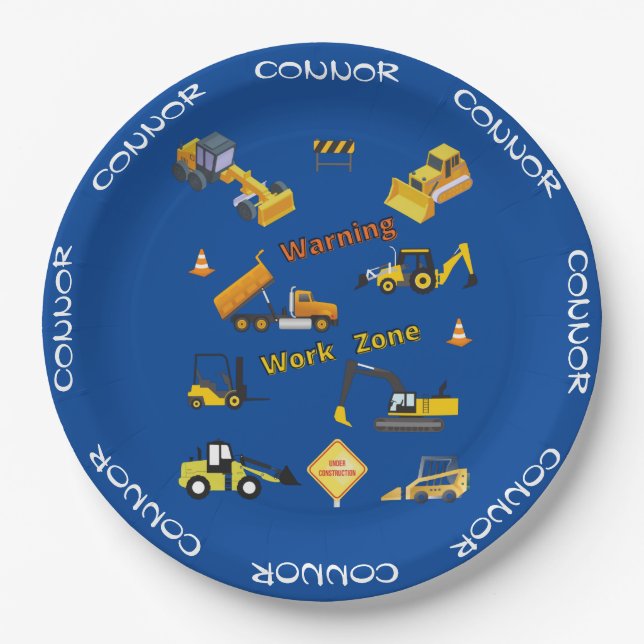 Construction Warning Work Zone Personalized Paper Plates (Front)