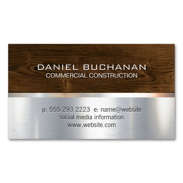 Construction | Wood Metallic Background Business Card Magnet (Front)