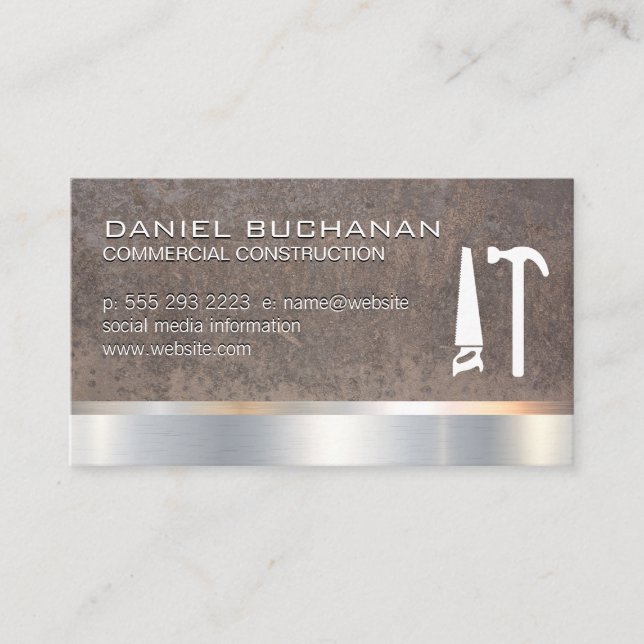 Construction | Wood Metallic | Saw Hammer | Metal Business Card (Front)