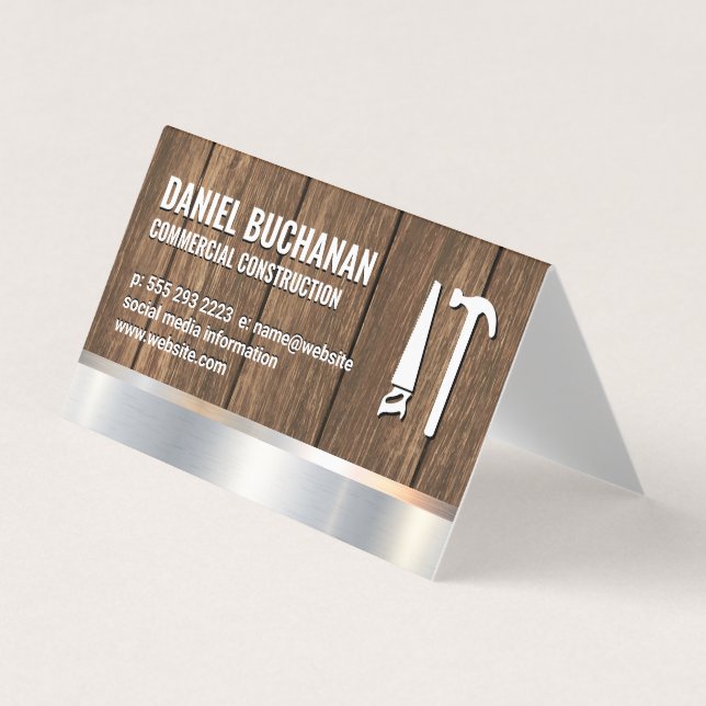 Construction | Wood Metallic | Saw Hammer Tools Business Card (Front)