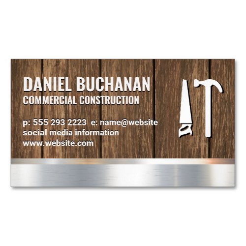 Construction  Wood Metallic  Saw Hammer Tools Business Card Magnet