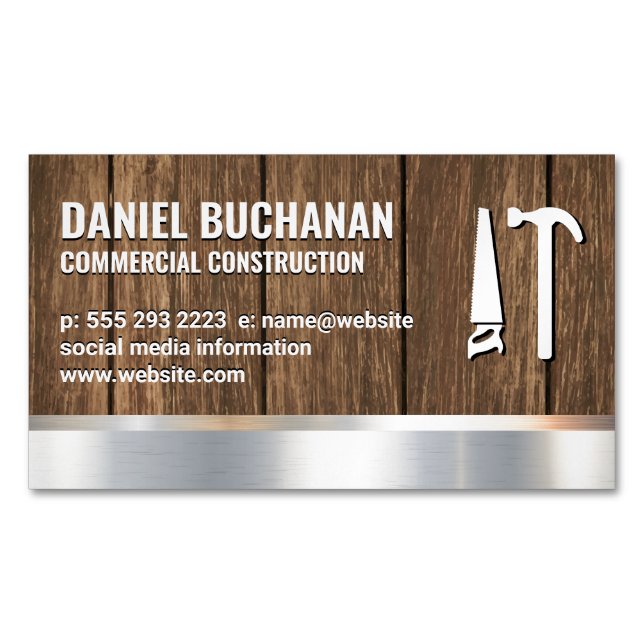 Construction | Wood Metallic | Saw Hammer Tools Business Card Magnet (Front)