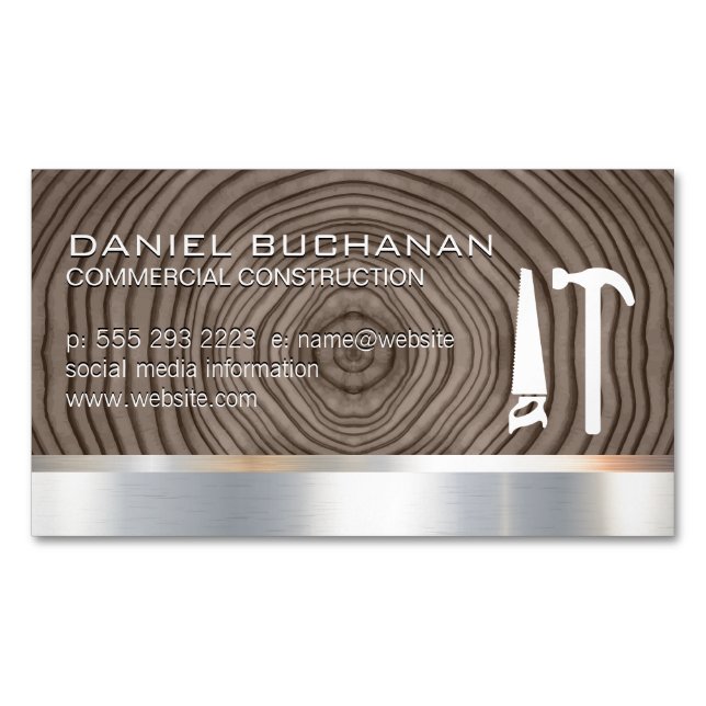 Construction | Wood Metallic | Saw Hammer Tools Business Card Magnet (Front)