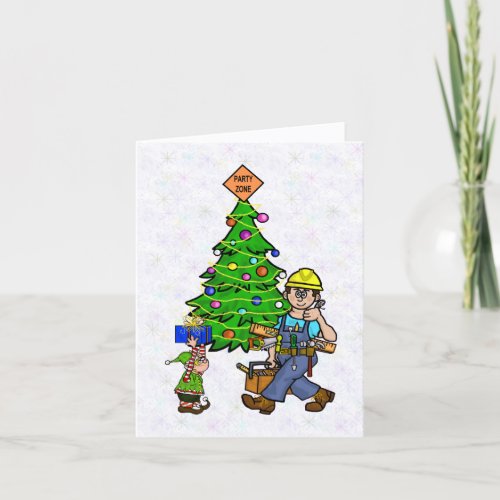 Construction Worker and Elf Christmas Card