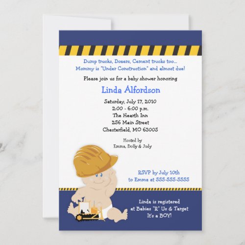 CONSTRUCTION WORKER Baby Shower Invitation 5x7
