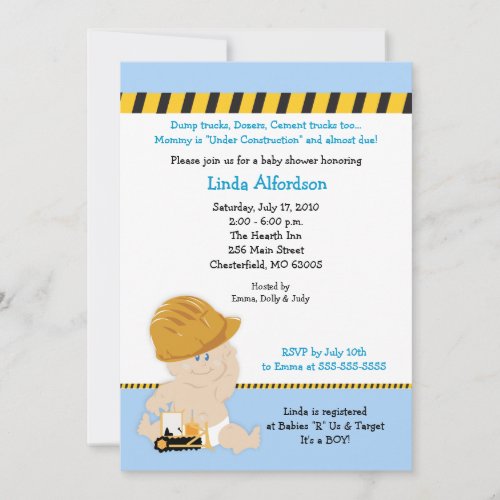 CONSTRUCTION WORKER Baby Shower Invitation 5x7
