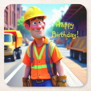 Construction Worker Birthday Square Paper Coaster