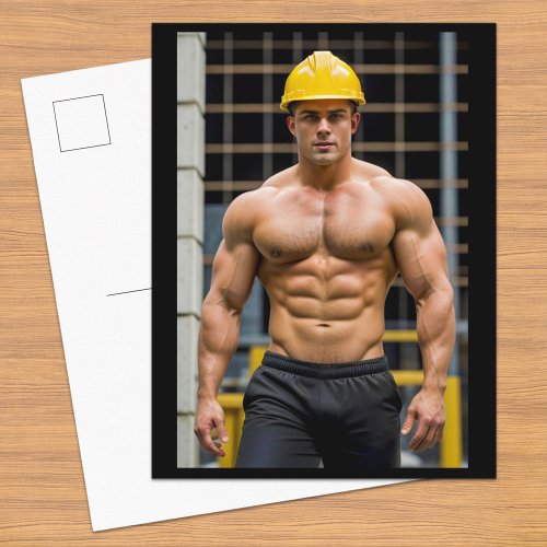 Construction Worker Bodybuilder on a Postcard