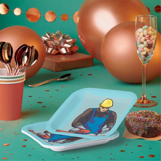 Construction Worker Bricklayer Hard Hat Builder  Paper Plates (Creator Uploaded)