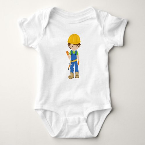 Construction Worker Brown Hair Cute Boy Hammer Baby Bodysuit