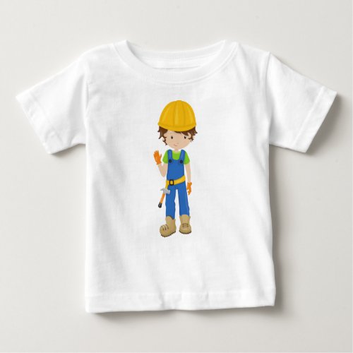 Construction Worker Brown Hair Cute Boy Hammer Baby T_Shirt