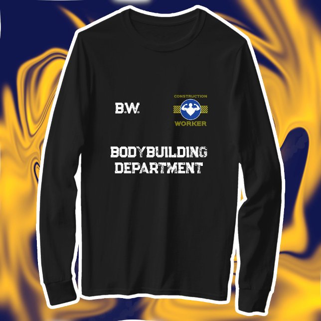 Construction Worker Funny Bodybuilder Blue Sign T-Shirt (Construction Worker Bodybuilding Pun - Front)