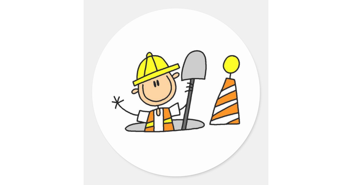 Construction Worker in Manhole Classic Round Sticker Zazzle