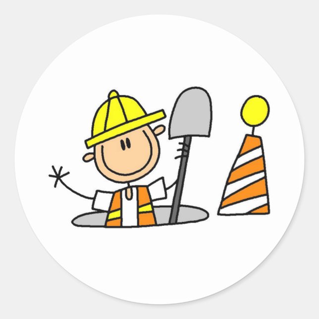 Construction Worker in Manhole Classic Round Sticker (Front)
