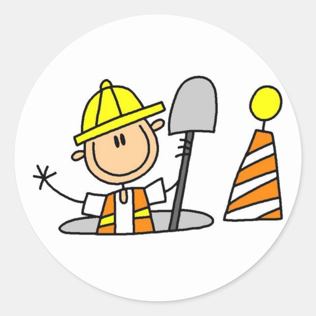 Construction Worker in Manhole Tshirts and Gifts Classic Round Sticker (Front)